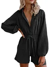 Solid Color V-Neck Long Sleeve Drawstring Loose Rompers