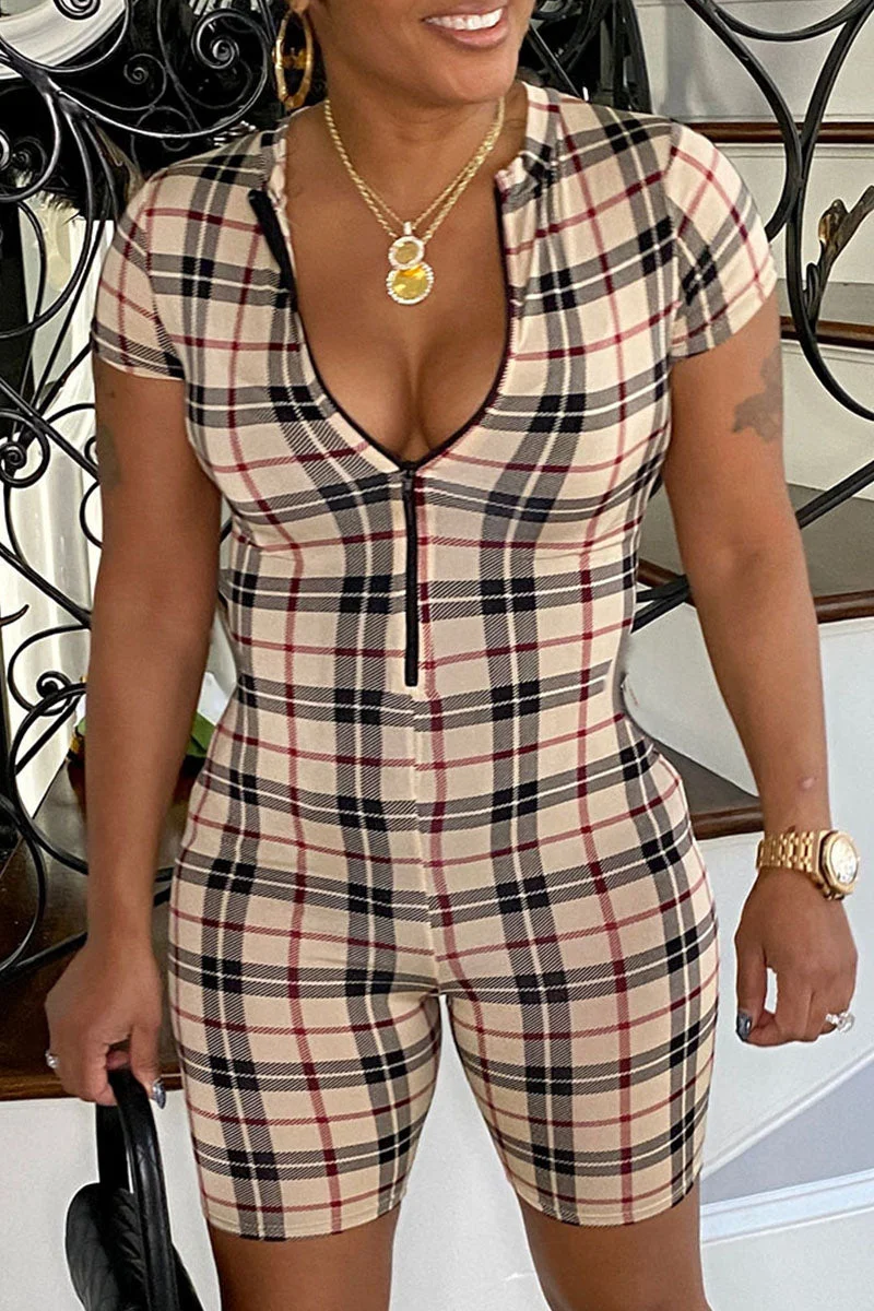 Fashion Casual Plaid Printing Zipper O Neck Skinny  Romper