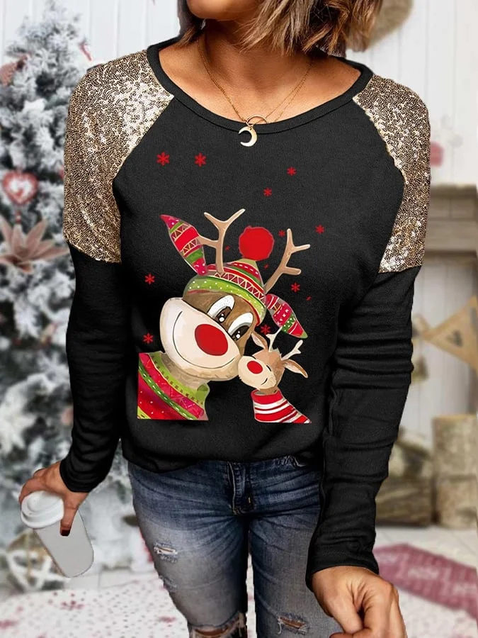Women's Christmas Deer Print Sequin Long Sleeve T-Shirt-mysite