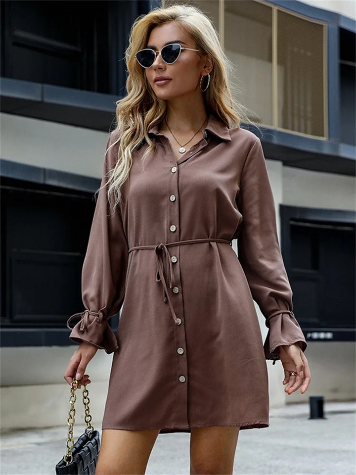 New Solid Lapel Lace Up Long Sleeved Shirt Dress