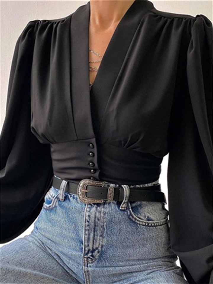 Spring New Solid Color Slim Temperament Long-sleeved Button V Collar Urban Trend Set Head Lantern Sleeve Blouse Shirt