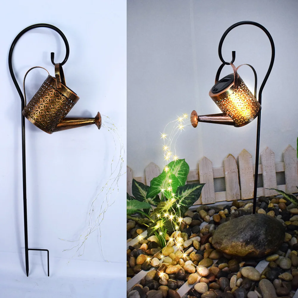 Hollow Wrought Iron Lamp Solar Watering Can Fairy Light Garden Decora