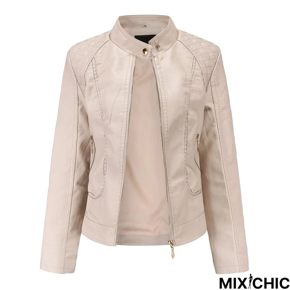 Women's Leather Jacket Long Sleeve Temperament Plus Size Collar Coat