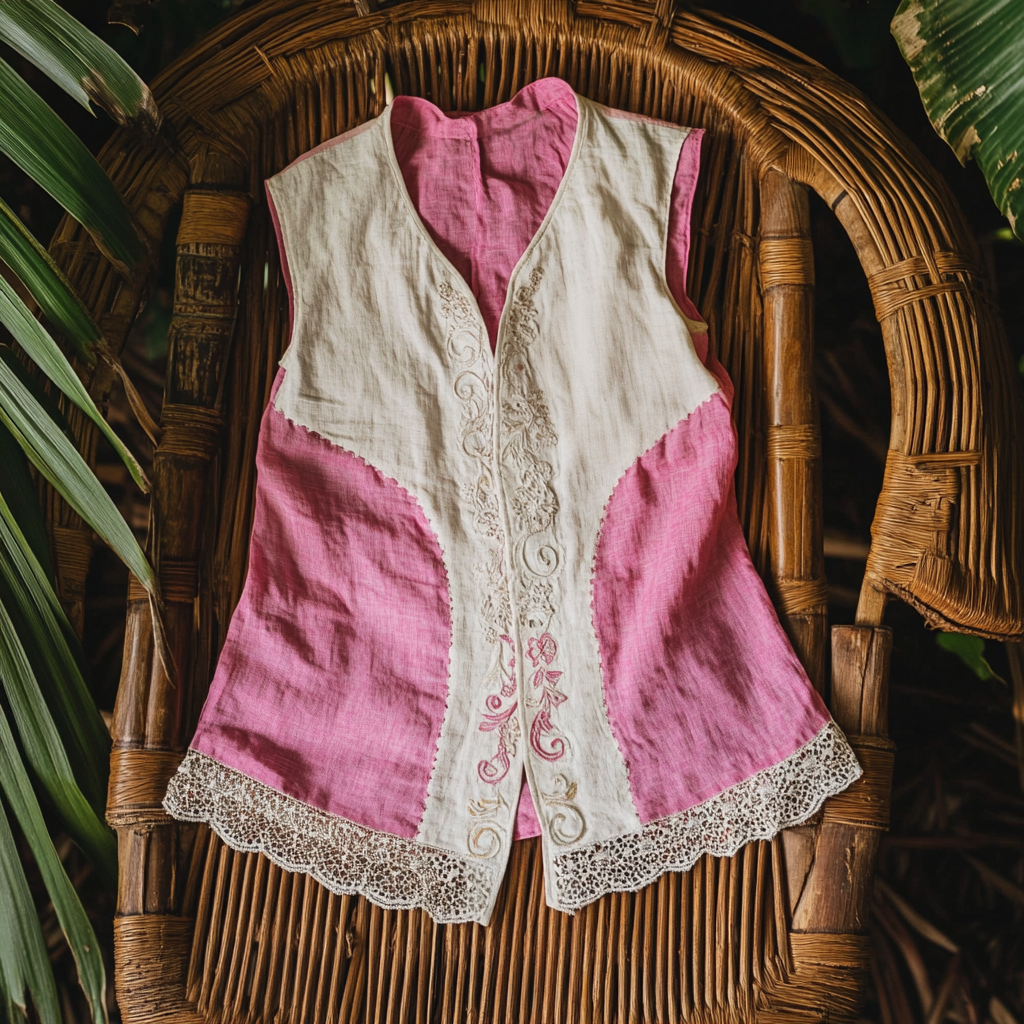 Women's Retro Elegant Linen Lace Vest Blue And White Colorblock Linen Vest Loose Comfortable Breathable V-neck Linen Ves