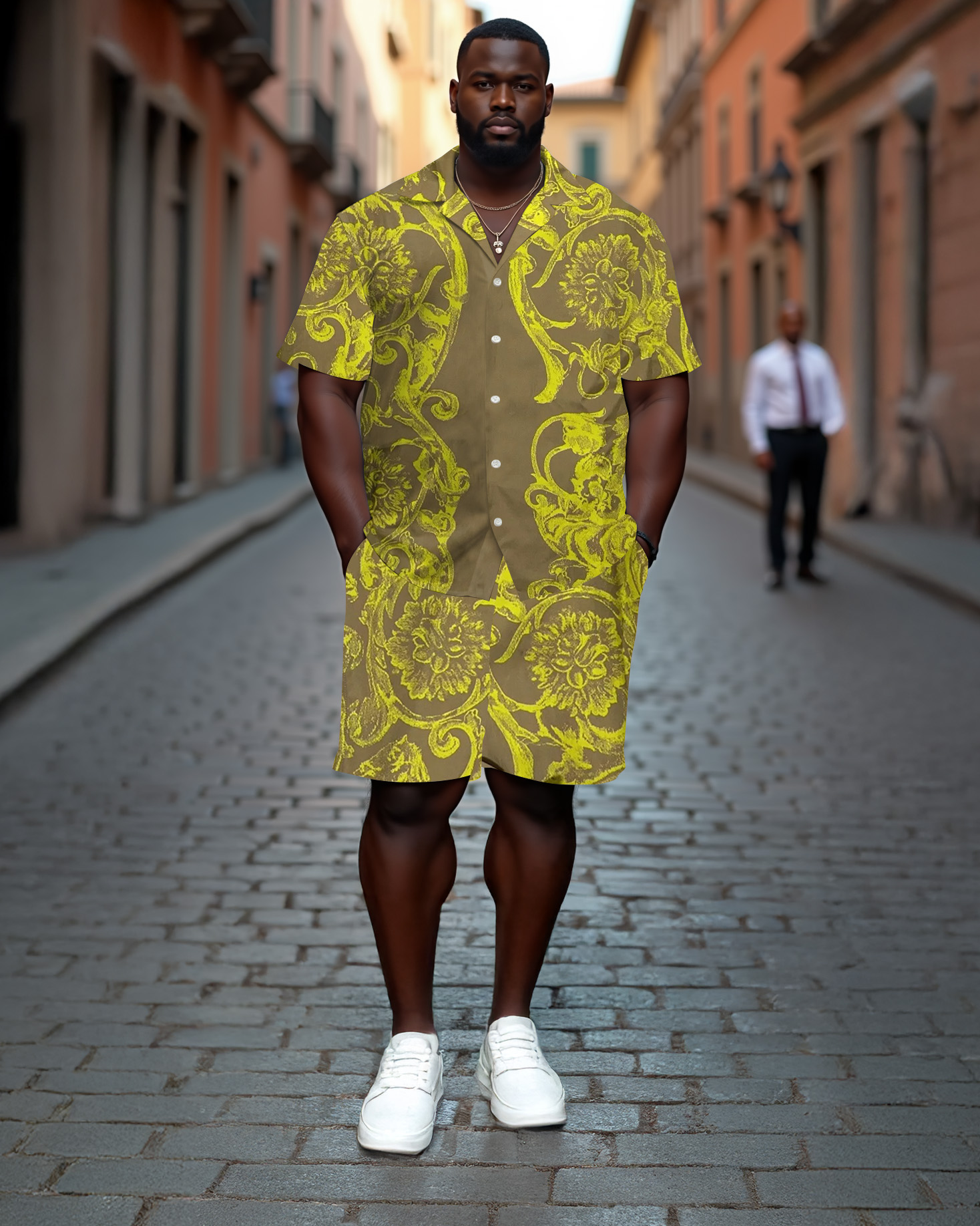 Men's Plus Size Baroque Jacquard High-end Craft Luxury Casual Cuban Collar Short Sleeve Shirt Shorts Suit