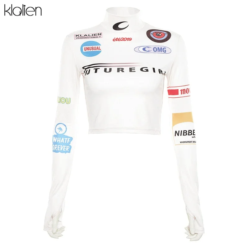 KLALIEN Harajuku printing Women Casual Fashion T-shirt 2020 autumn Long Sleeve Elastic high Neck Tight Sports Basic Shirt mujer