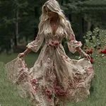 Women's Vintage Rose Floral Embroidery Art Casual V Neck Maxi Dress - Image 2