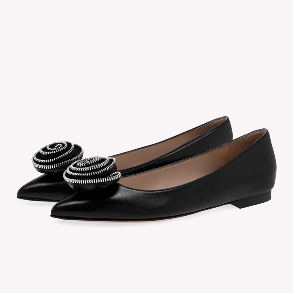 Black Vegan Leather Pointed Toe Flat Rhinestone Rose Shoes Nicepairs