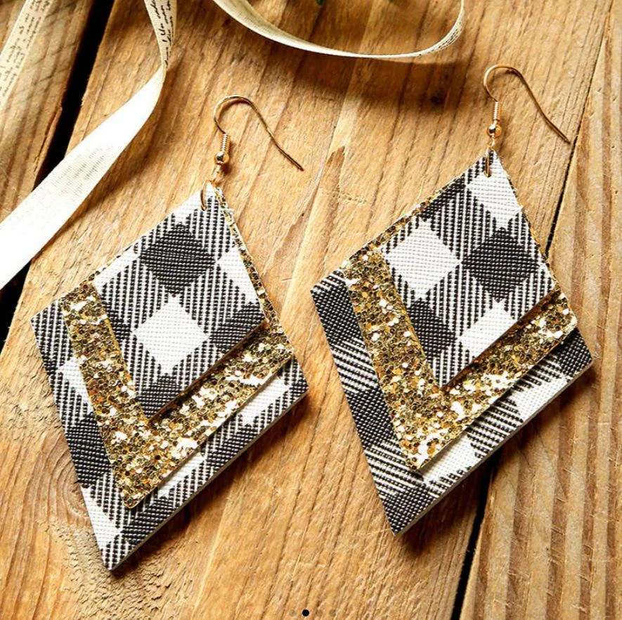 3 Layered Sequin Plaid Leather Earrings