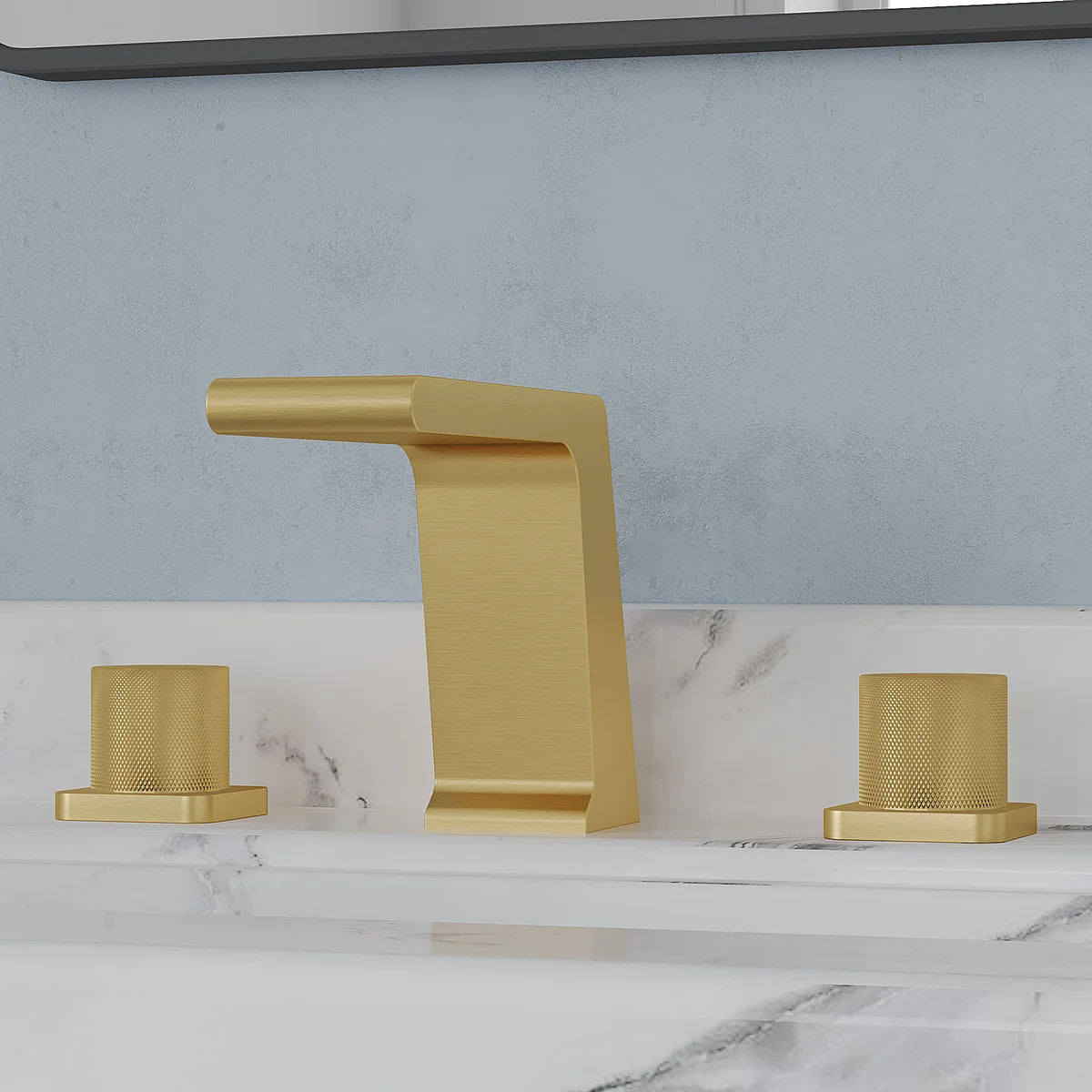 Collage of three rooms featuring the Lentz Widespread Bathroom Faucet in Matte Black, Ridgeway Kitchen Faucet in Brushed Gold, Catino Solid Surface Freestanding Tub