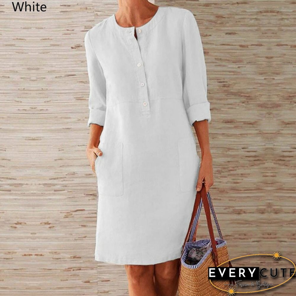 Women Casual Round Neck Dress Cotton And Linen Loose Botton Plus Size Long Sleeve Midi Dress