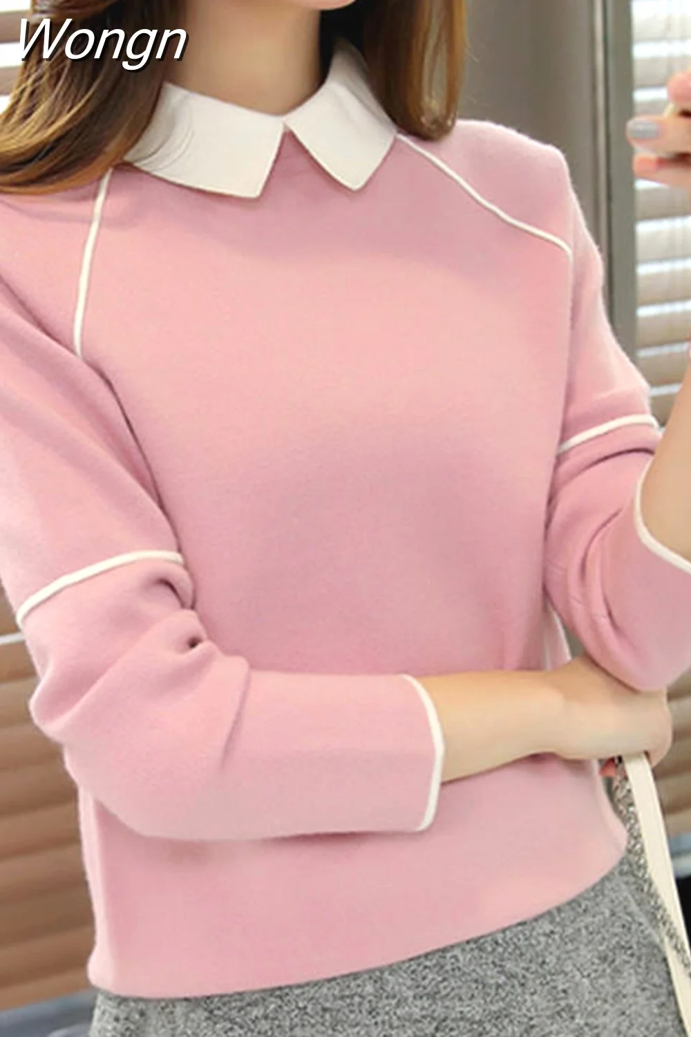 Wongn 2023 New Doll Collar Sweater Women Contrast Color Patchwork Pullover Long Sleeve Fashion Bottoming Sweaters Jumper 37230