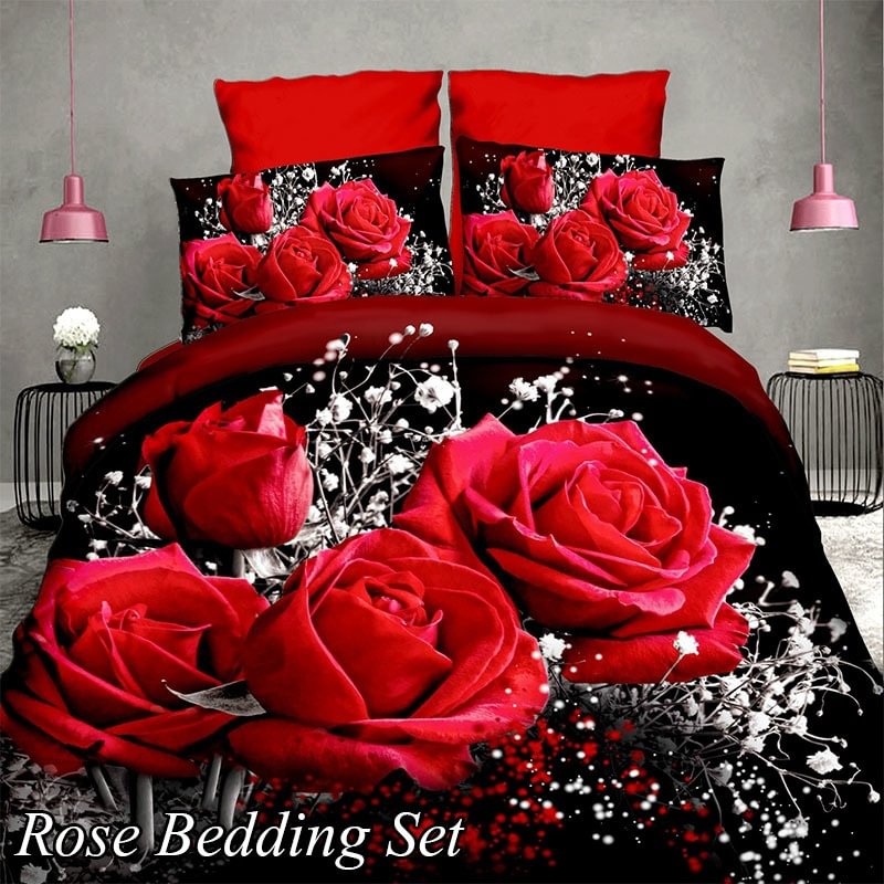 3D Rose Print Pillowcase Quilt Cover Sheet 2/3pcs Set-Besturer