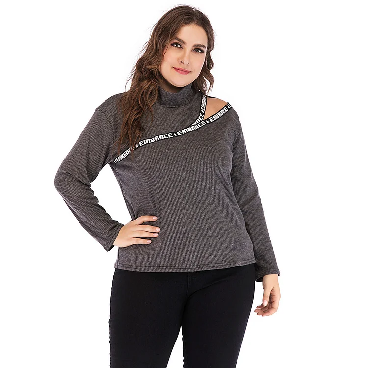 Women Plus Size Blouses Stand-Collar Hollow-out Stitching Long Sleeve Slim-Fit Top