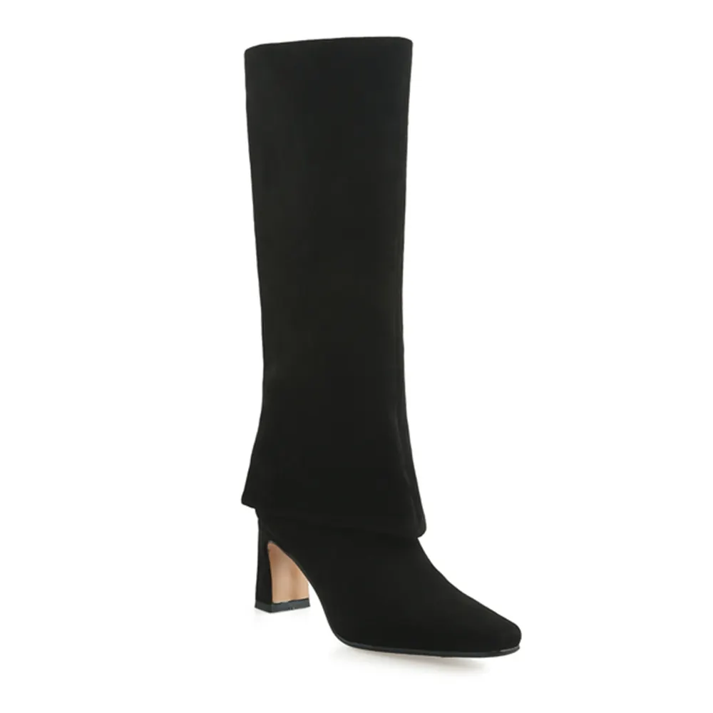 70mm Block Heel Mid-tube Fashion Boots Black Suede-vocosishoes