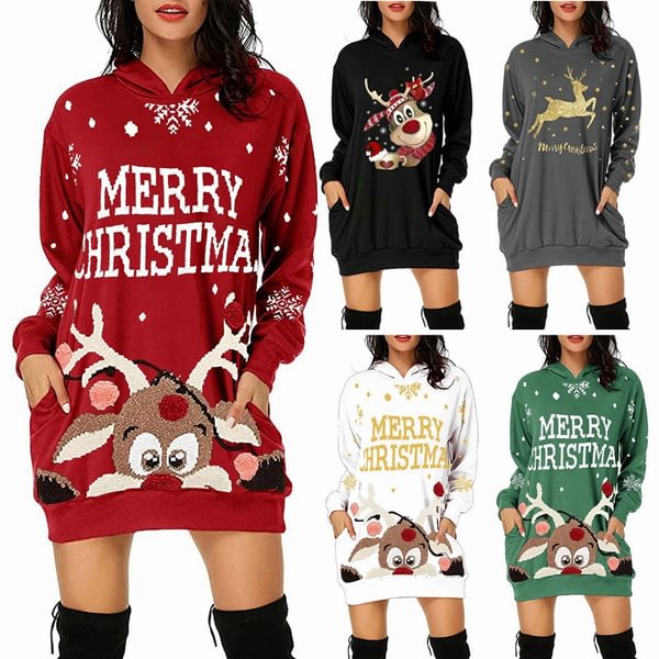 Women's Fashion Christmas Hoodie Bag Hip Pocket Print Hoodie Fashion Dress Ladies Christmas Sweater Christmas Dress - Shop Trendy Women's Fashion | TeeYours