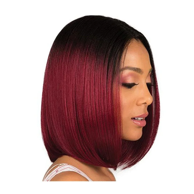 Dyeing Medium Bobo Wig Female Short Straight Hair Black Gradient Wine Red