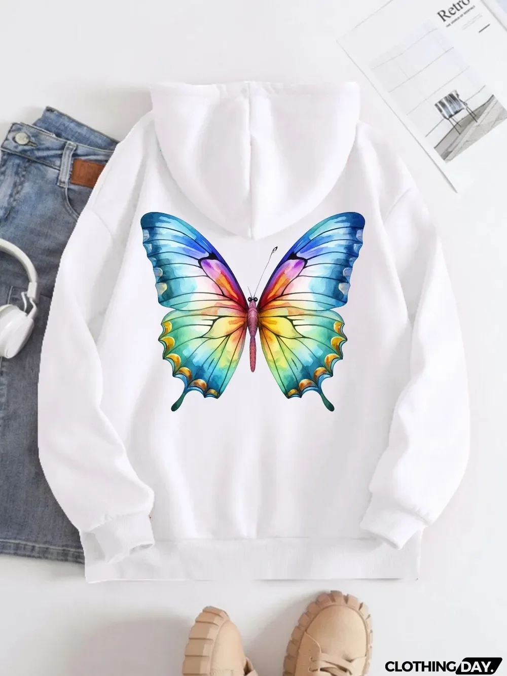 Printed on the Back Kangaroo Pocket Hoodie Long Sleeve for Women Pattern Painted Butterfly