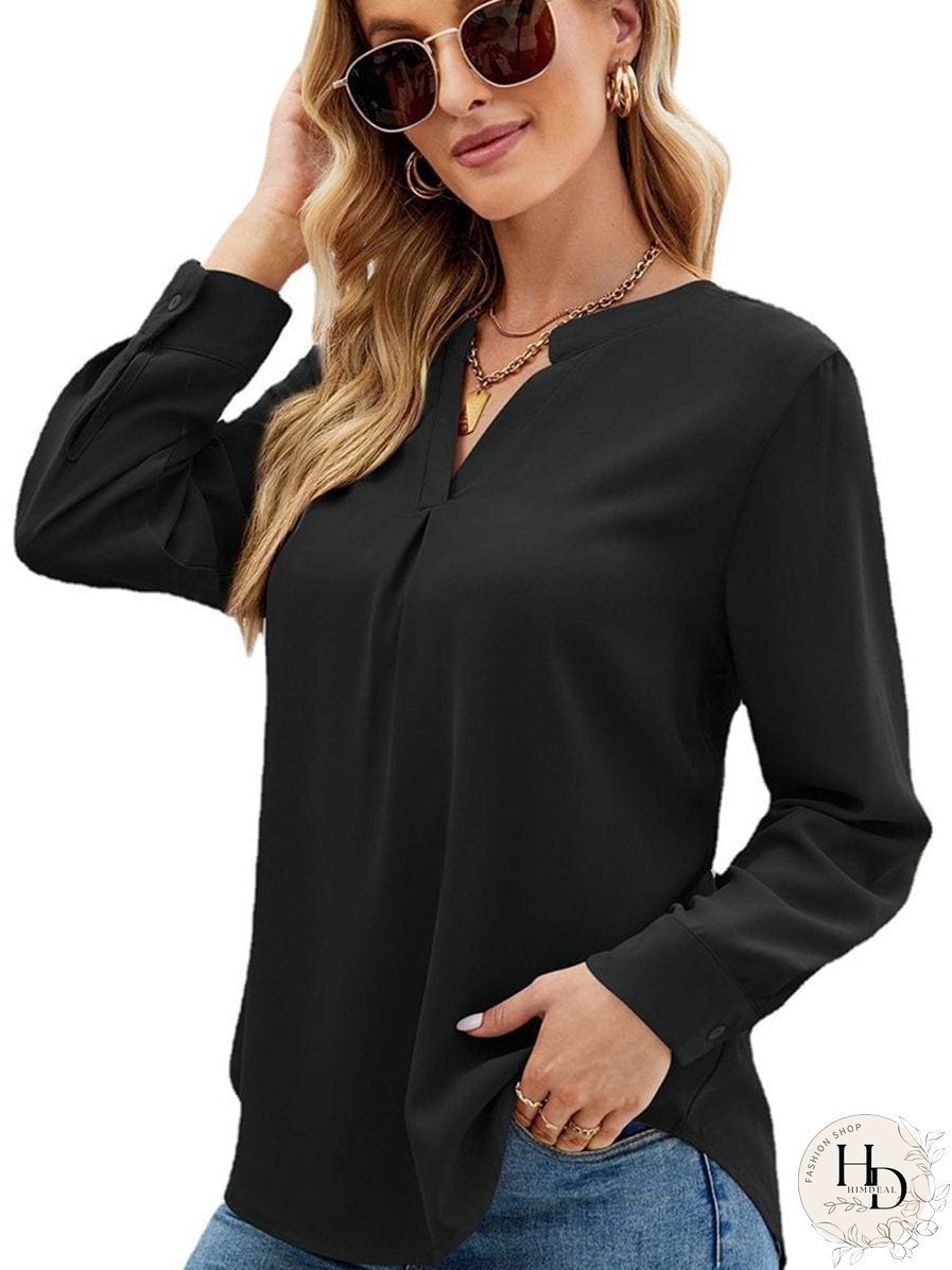 Solid Color Chiffon Loose V-Neck Long Sleeve T-Shirt