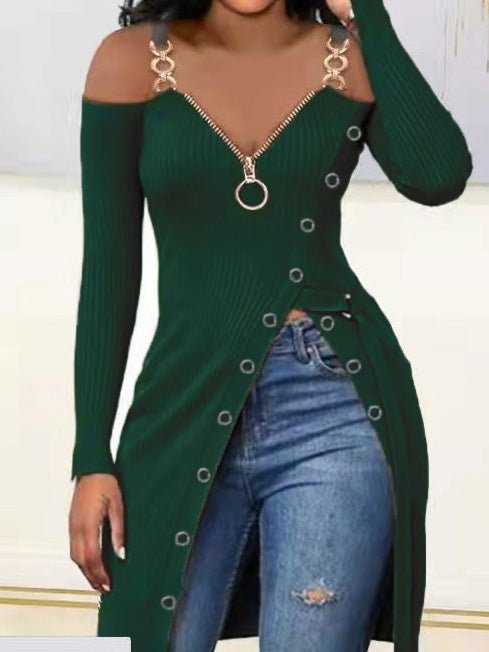 Women's T-Shirts V-Neck Zip Sling Long Sleeve High Slit T-Shirt