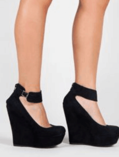 Black Wedge Heels Ankle Strap Platform Pumps |FSJ Shoes