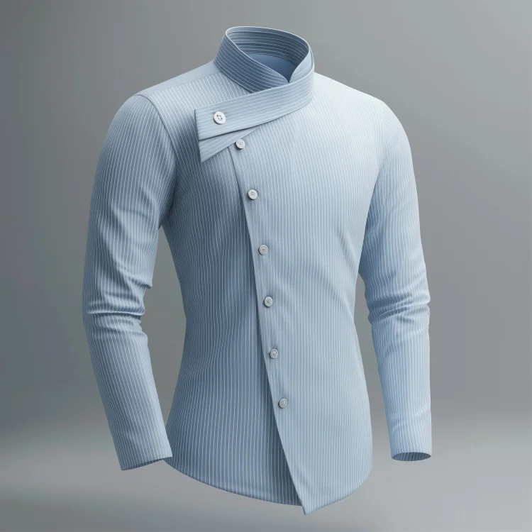 Okaywear Pinstriped Stand Collar Slant Button Long Sleeve Shirt 