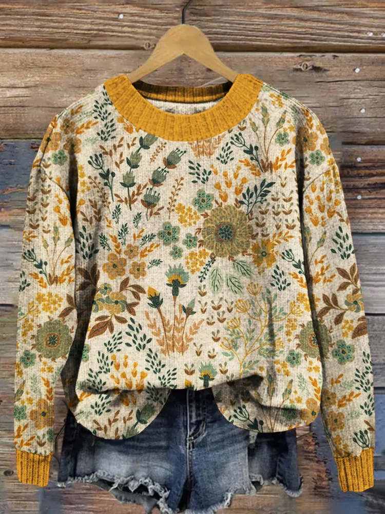 Comstylish Flowers Art Pattern Crew Neck Comfy Knit Sweater