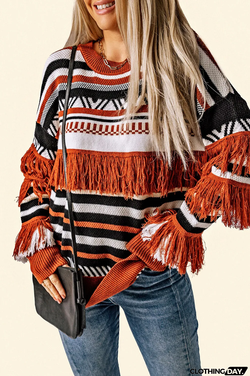 Multicolor Round Neck Striped Sweater with Fringe