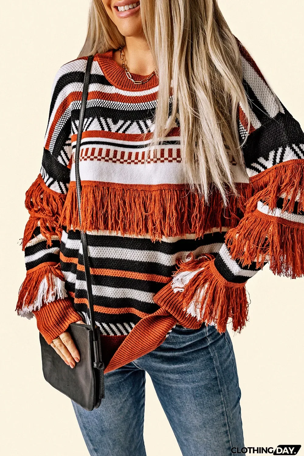 Multicolor Round Neck Striped Sweater with Fringe
