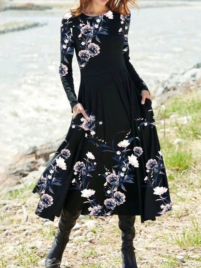 round neck floral print long-sleeve maxi dress