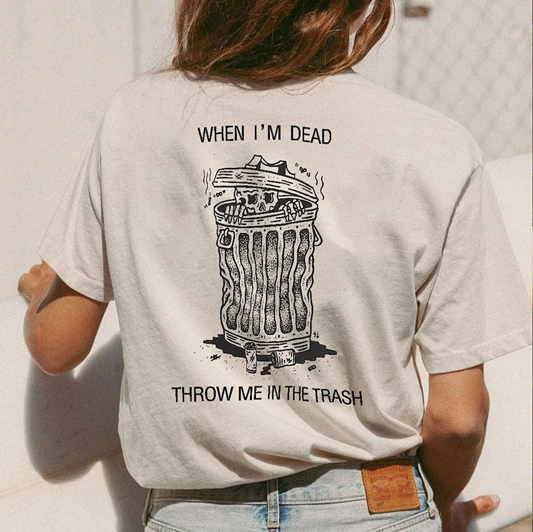 WHEN I'M DEAD Skull in the Trash Bin White Print Regular-fit T-shirt
