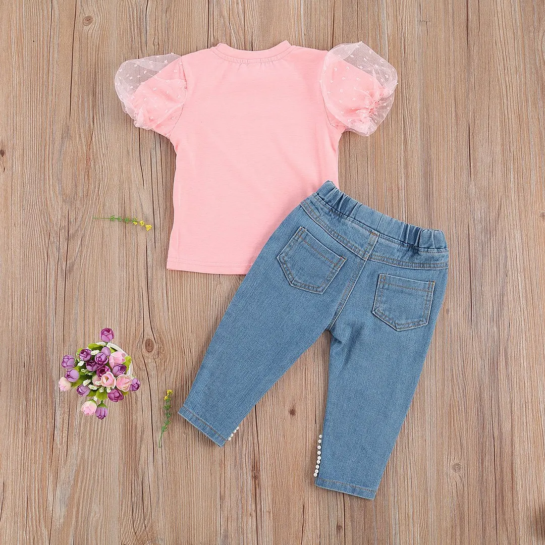 Infant Kids Baby Girls Puff Sleeve Long Pants Suit, Round Collar Pocket Two-pieces Set Solid Color Jeans Outfit