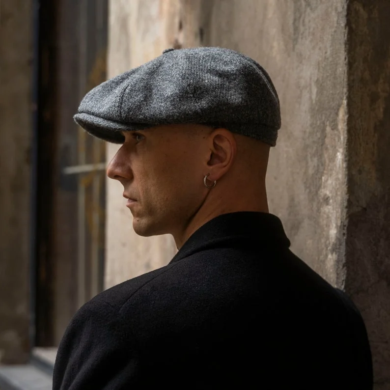 SHELBY Harris Tweed Genuine Scottish 8 Panels Newsboy PEAKED  Cap Applejack Bandit Hooligan Vintage Gangster Wool Fall Hat MID GRAY