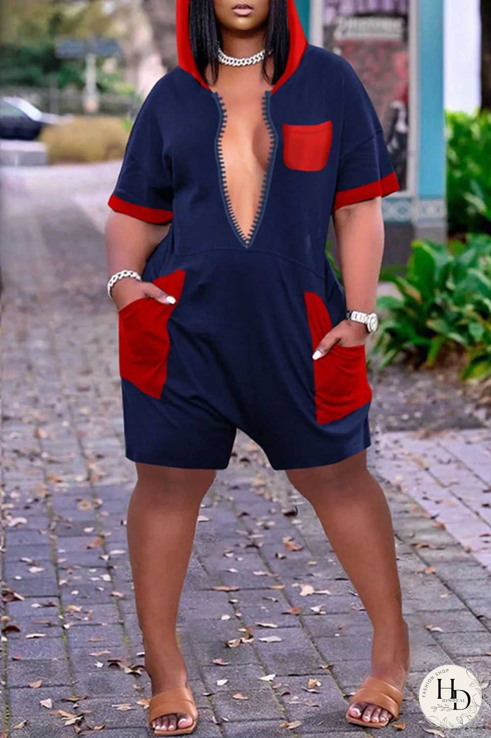Black Red Fashion Casual Plus Size Solid Split Joint Hooded Collar Short Sleeve Romper