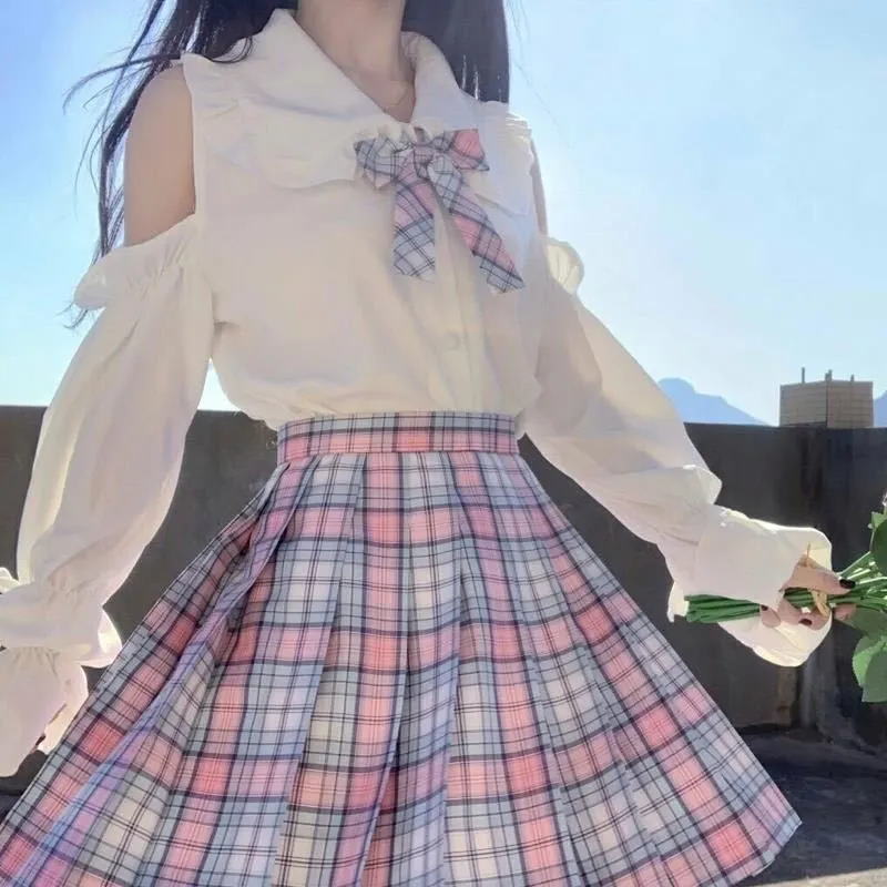 NiceMix harajuku blouse and plaid skirts 2 piece set women clothes tracksuit summer  preppy clothe loose two pieces set