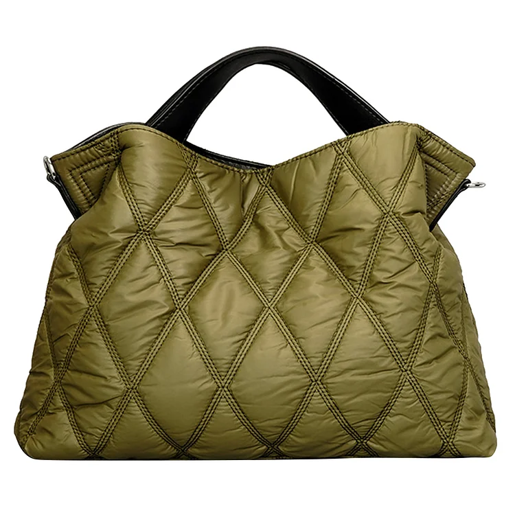 Rhombic Lattice Cotton-Padded Bag Simple Lady Shoulder Bag Soft for Work (Green)