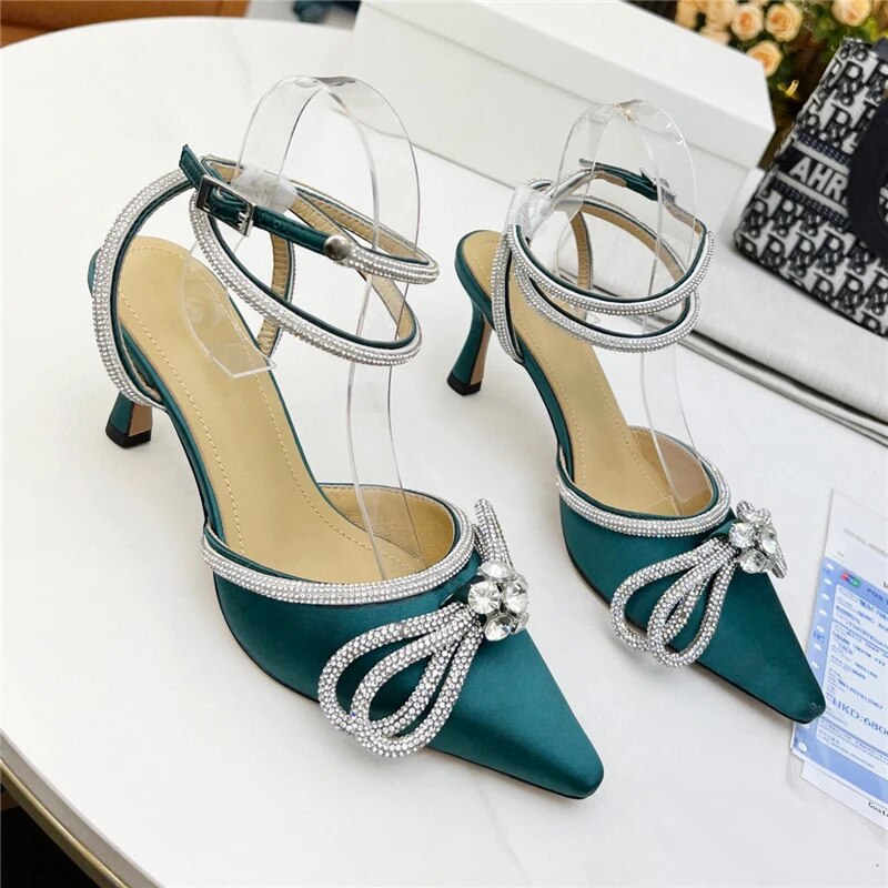 VCSHOES Satin Pointed Toe Sandals For Girls Women Kitten Heel Jeweled Crystal Butterfly-Knot Ankle Wrap Party Shoes