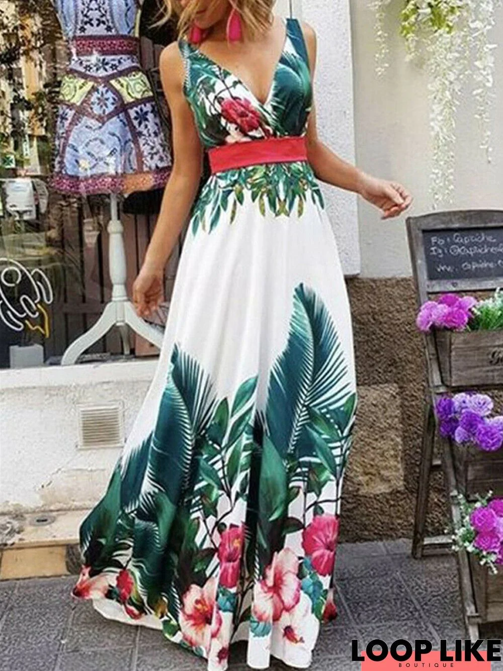 Leaf Print V-Neck Waist Dress