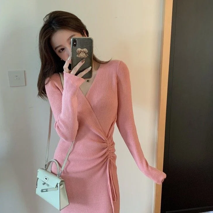 Long-Sleeve Drawstring Knit Midi Sheath Dress YP639