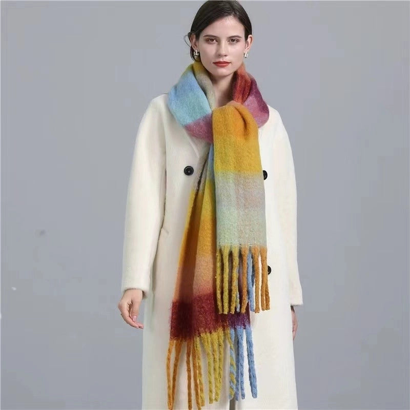 Mohair Rainbow Autumn And Winter Wool Thickened Long Net Red Sea Plaid Scarf Women's British-style Trendy Warm-keeping ·
