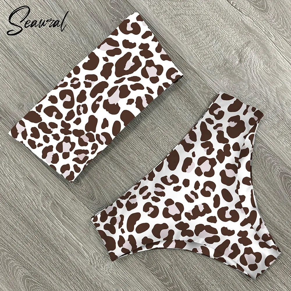 2020 New Sexy Low Hight Bikini Set Swimwear Women Bandeau Female Print Floral Strappy Swimsuit Bathing Suit Beach Wear Biquini