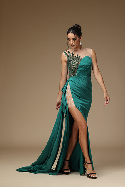 Oknass Glamorous Pleated Split Prom Dress with Ruffles