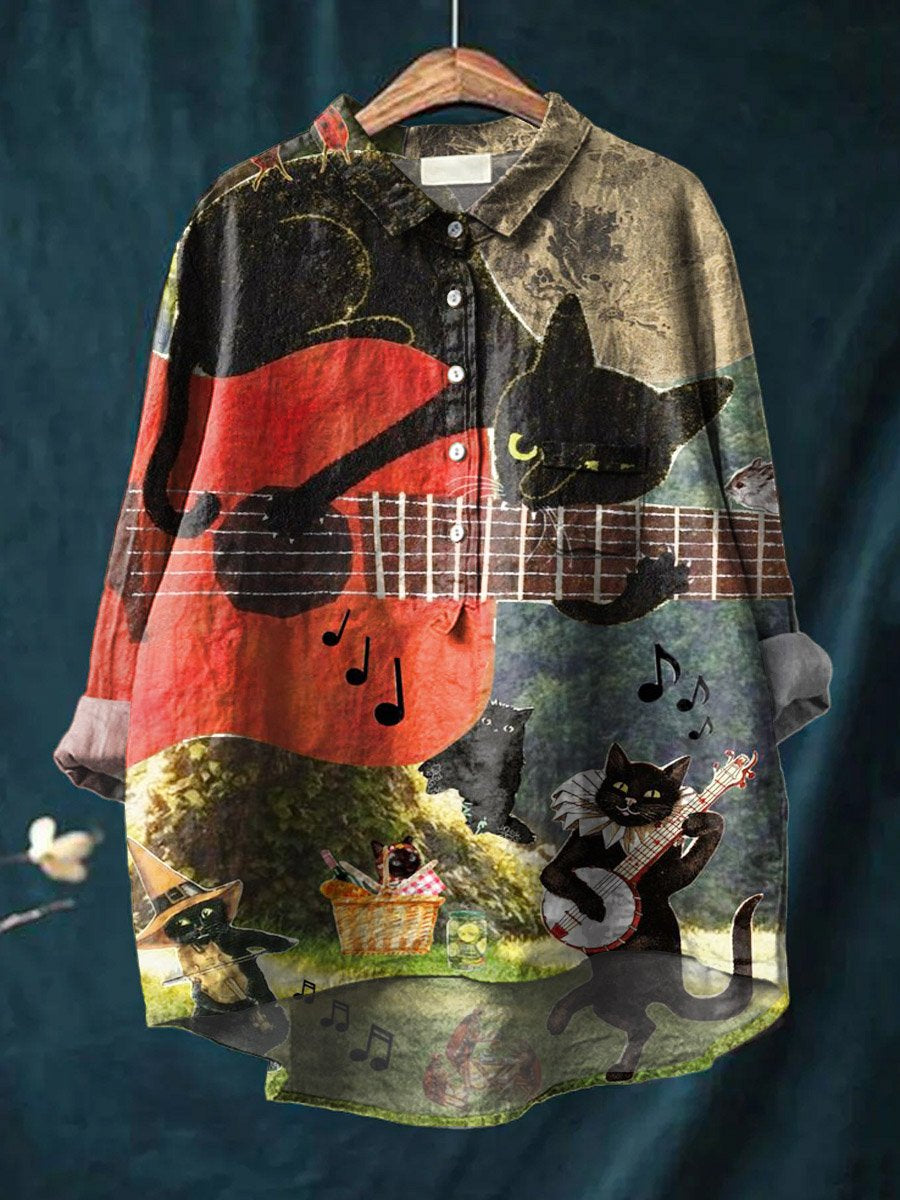 Vintage Lovely Cats Art Print Casual Cotton And Linen Shirt