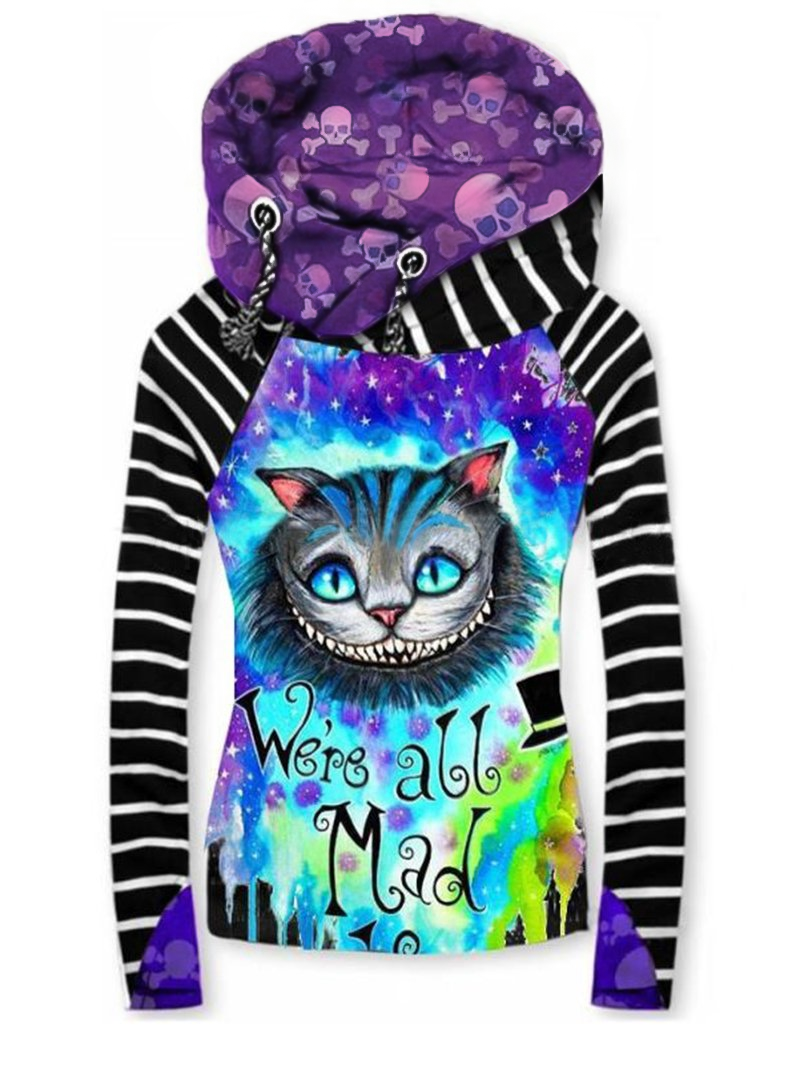 Cat Head Digital Print Hooded Long Sleeve Slim Women's Sweatshirt