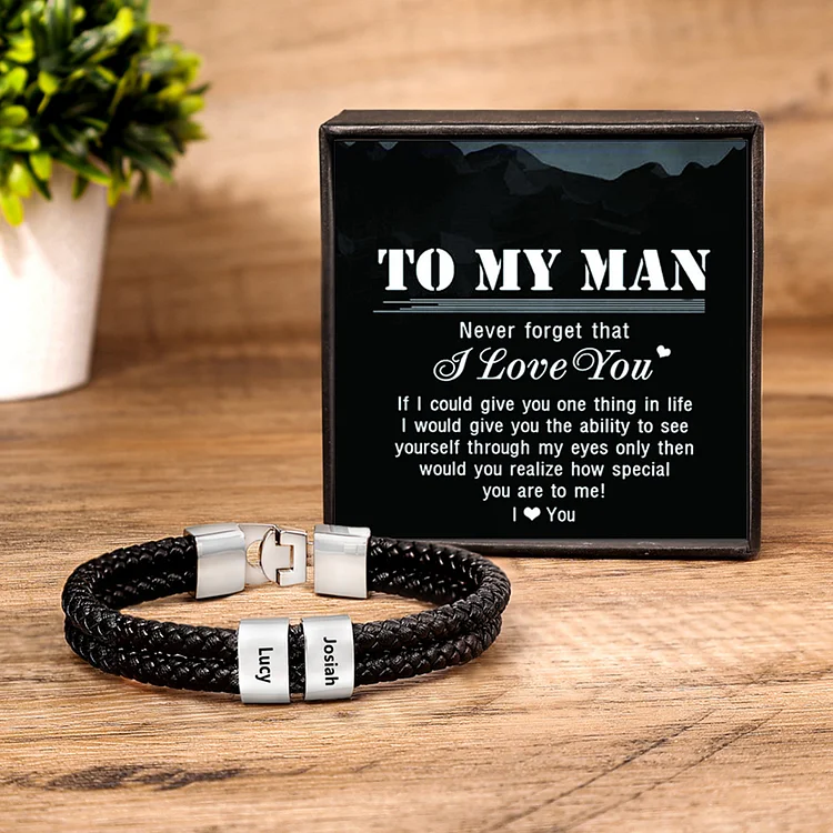 Men Leather Bracelet with 1 Bead Custom Two Layers Bracelet Black Gift To My Man