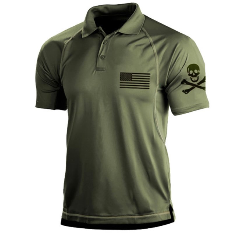 Men's Short Sleeve Skull Print Polo T-shirt