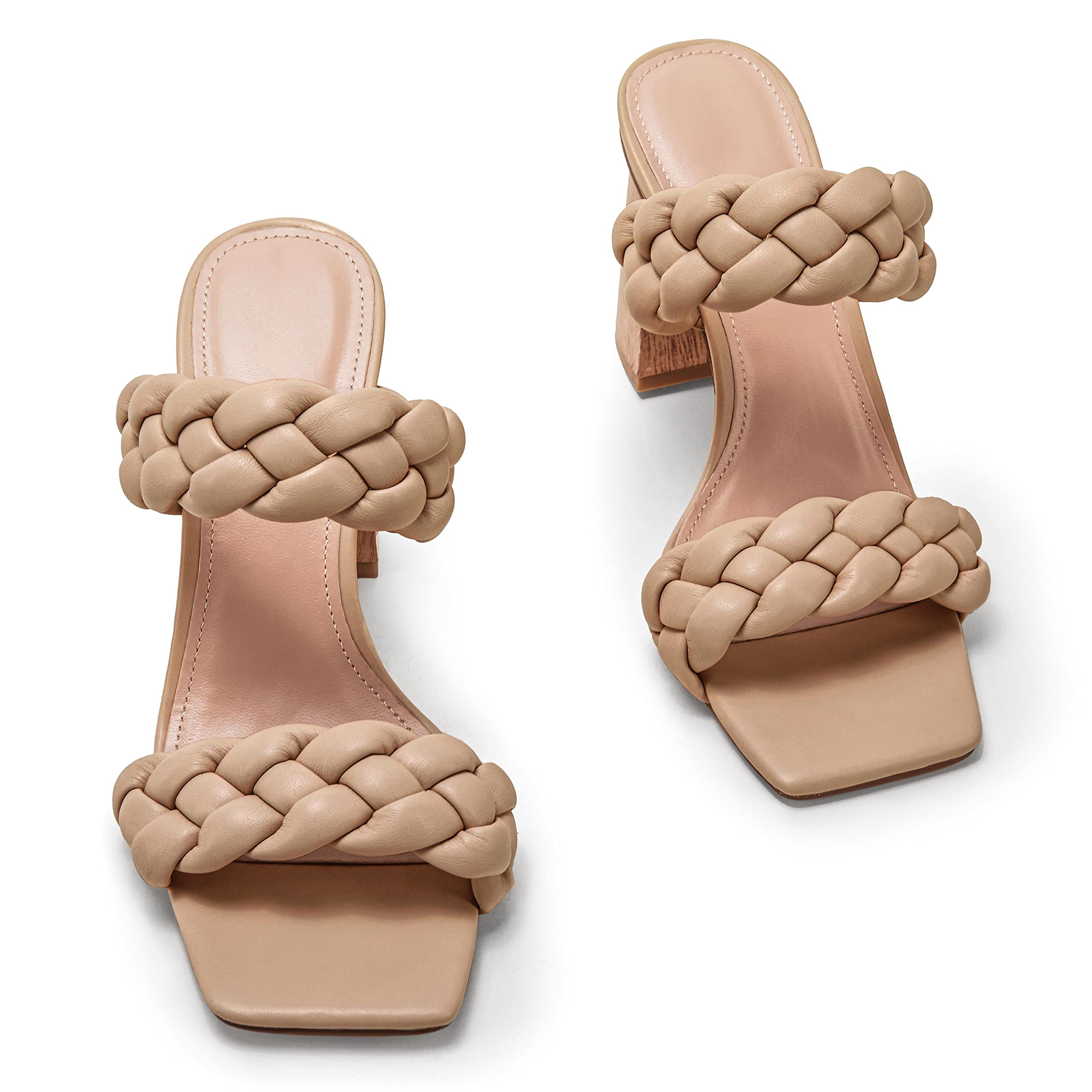 Women's Backless Square Open Toe Block Strappy Braided Heeled Sandals-vocosishoes