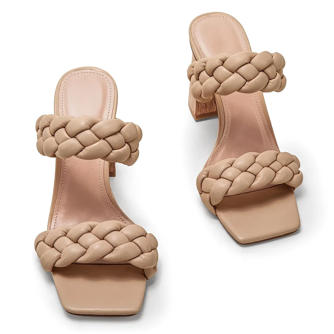 Women's Backless Square Open Toe Block Strappy Braided Heeled Sandals-vocosishoes