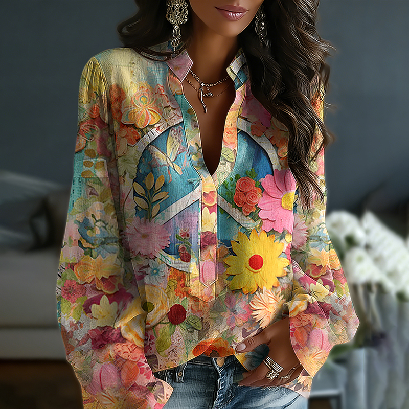 Comstylish Women's Floral In Gradient Art Print Flowy Linen Blend Tops