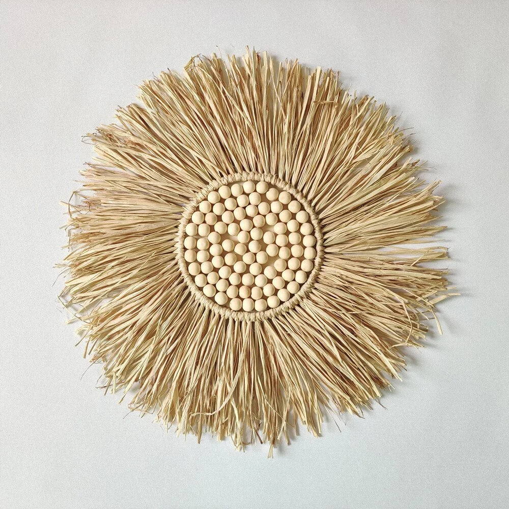 INS Nordic Round Woven Raffith Straw Mirror Moroccan Wood Beads Hanging Makeup Mirrors Wall Ornaments Homestay Home Decor Crafts